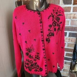Vintage Style Red Beaded Floral Knit Cardigan Sweater L Elegant Retro Chic 90s